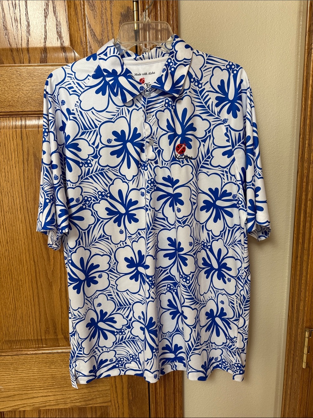 Men's Blue & White Hawaiian Floral Polo Shirt